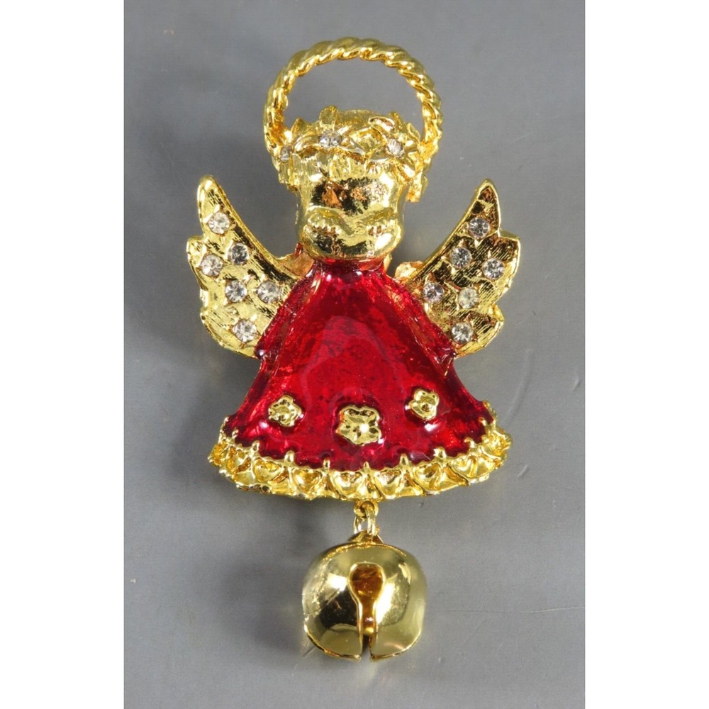 VTG BROOCH PIN Angel Cow w/Bell RED ENAMEL Clear Rhinestones CHRISTMAS GOLD TONE